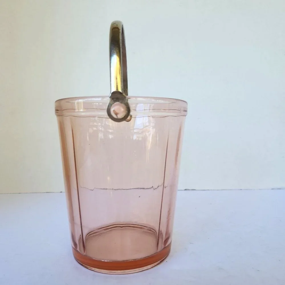 Antique Pink Depression Glass Minimalist Ice Bucket with Silver Handle